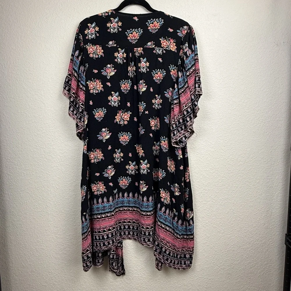 Francesca's Dark Floral Kimono Open Cardigan Wrap Cover Up Duster OS Festival
